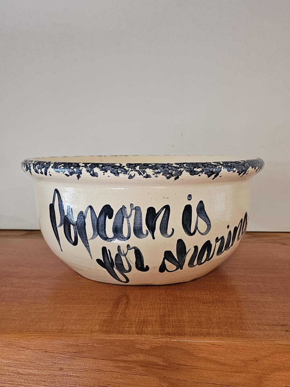 Large Farmhouse Cream and Blue 'Popcorn Is For Sharing' Ceramic Serving Bowl